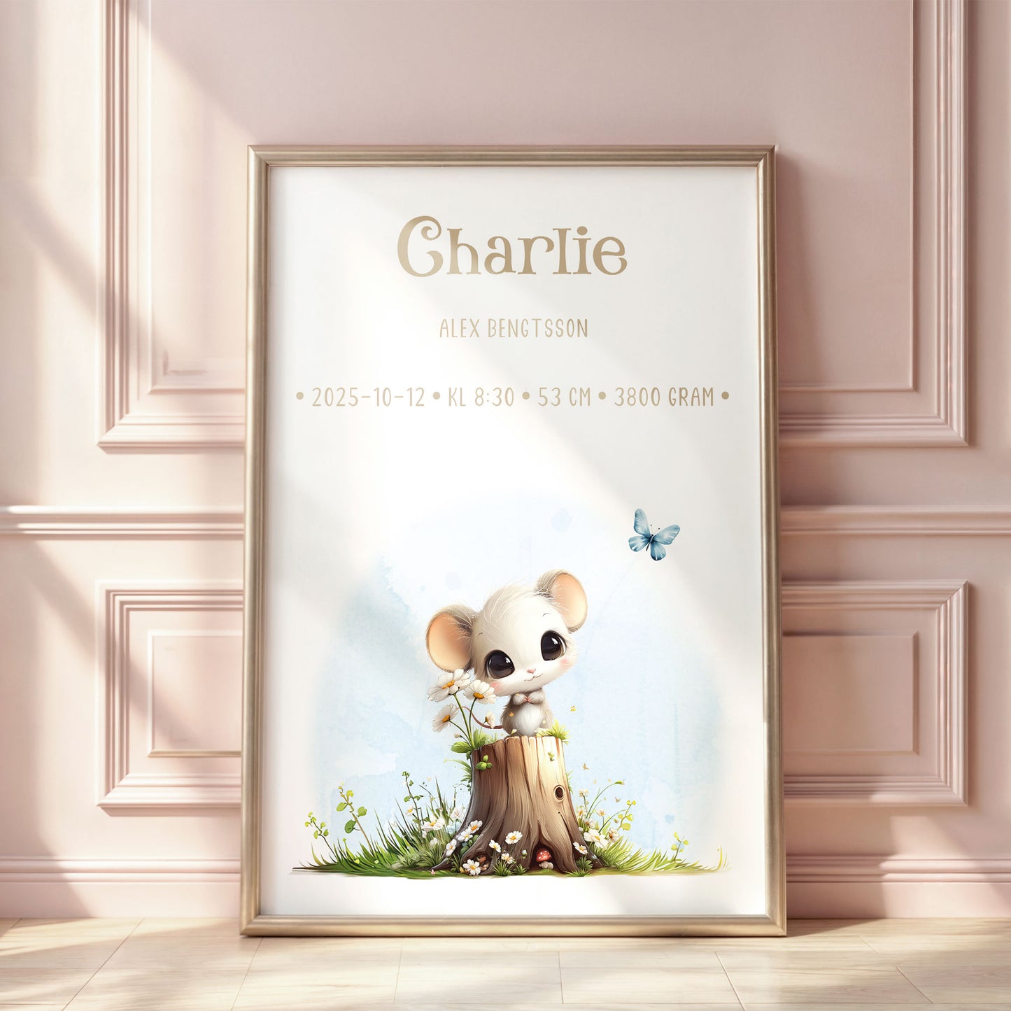 Personlig Doptavla Liten Mus – Könsneutral Födelsetavla & Doppresent | Tryckt Baby Poster i olika storlekar