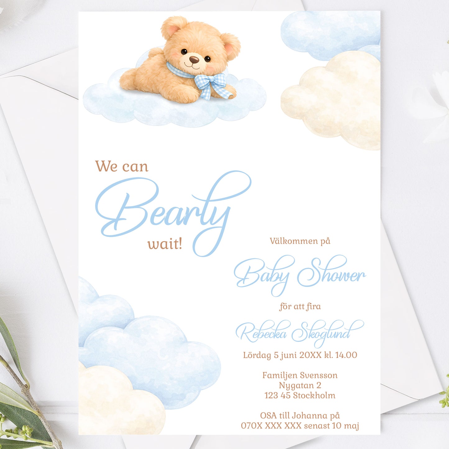Baby Shower Inbjudan We can Bearly wait  – Blå Teddy björn – BASH002