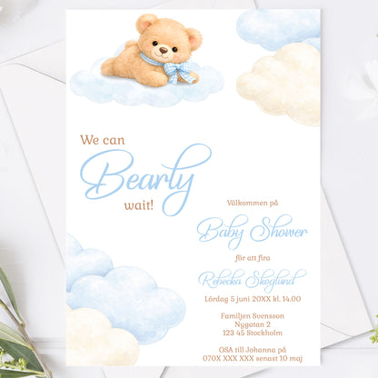 Baby Shower Inbjudan We can Bearly wait  – Blå Teddy björn – BASH002