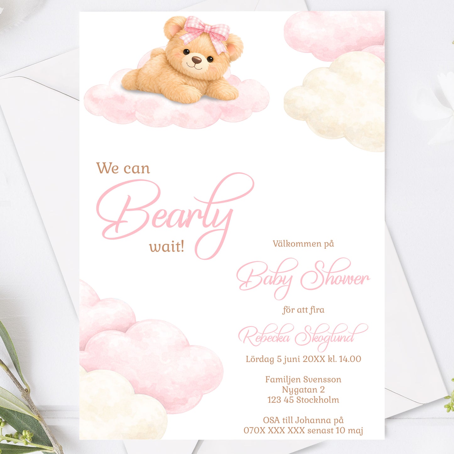 Baby Shower Inbjudan We can Bearly wait  – Rosa Teddy björn Flicka – BASH002P