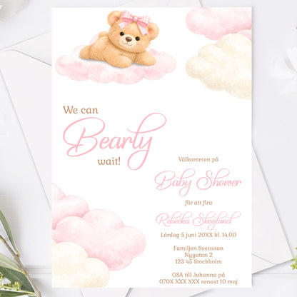 Baby Shower Inbjudan We can Bearly wait  – Rosa Teddy björn Flicka – BASH002P