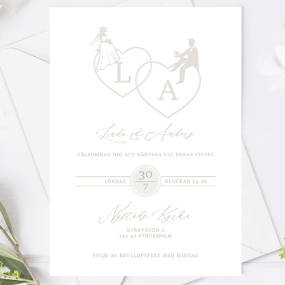 Romantisk bröllopsinbjudan – Beige Monogram Brud & Brudgum Siluett – BR016