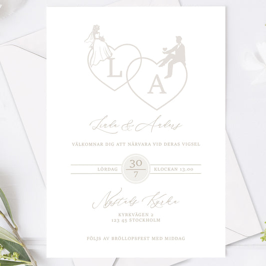 Romantisk bröllopsinbjudan – Beige Monogram Brud & Brudgum Siluett – BR016