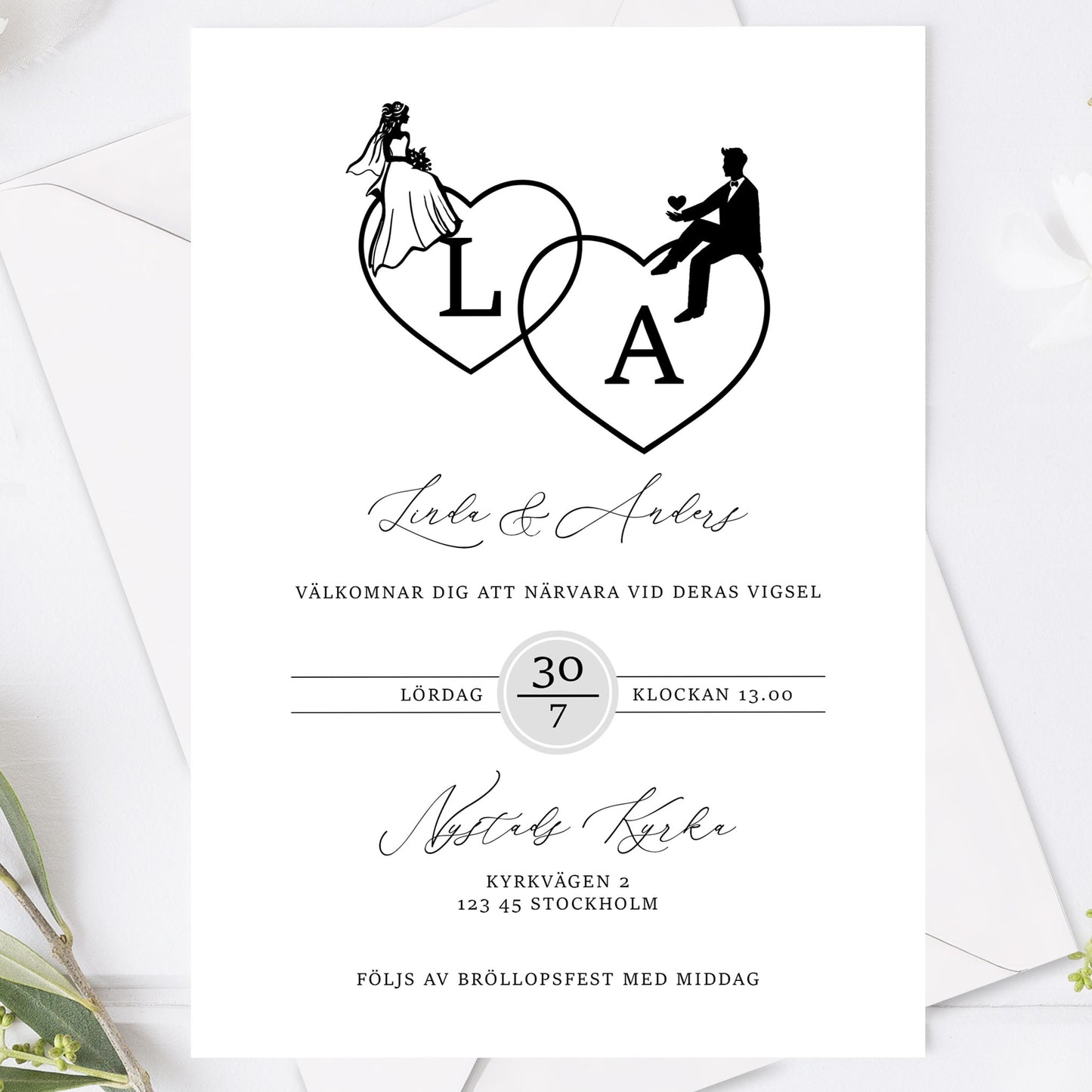 Romantisk bröllopsinbjudan – Svart Monogram Brud & Brudgum Siluett – BR016