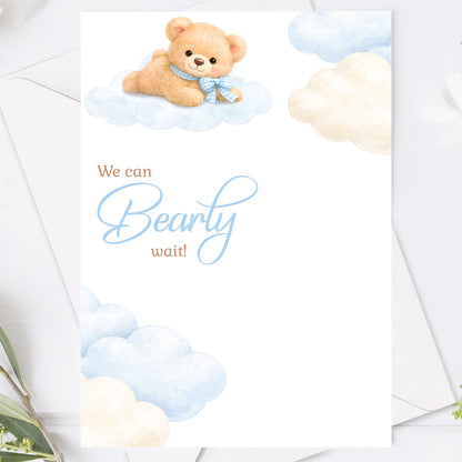 Baby Shower Inbjudan We can Bearly wait  – Blå Teddy björn – BASH002