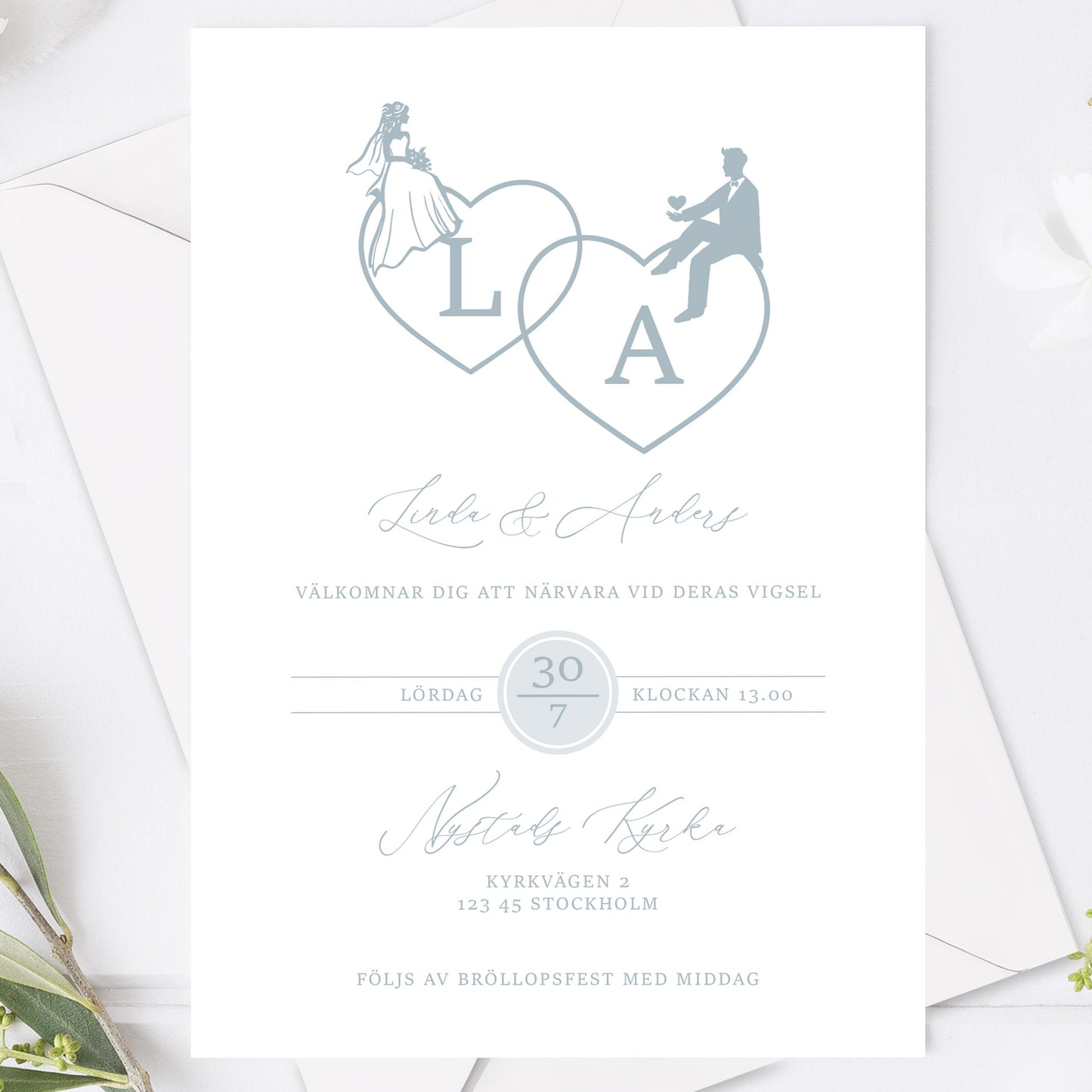 Romantisk bröllopsinbjudan – Dusty Blue Monogram Brud & Brudgum Siluett – BR016