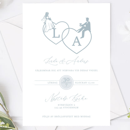 Romantisk bröllopsinbjudan – Dusty Blue Monogram Brud & Brudgum Siluett – BR016