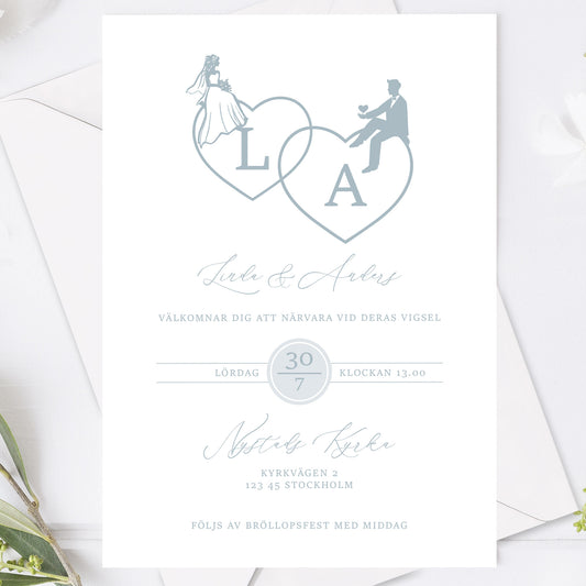 Romantisk bröllopsinbjudan – Dusty Blue Monogram Brud & Brudgum Siluett – BR016