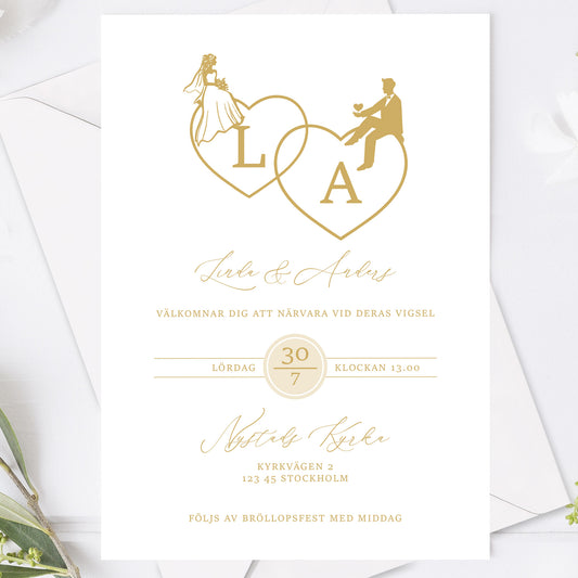 Romantisk bröllopsinbjudan – Guld Monogram Brud & Brudgum Siluett – BR016