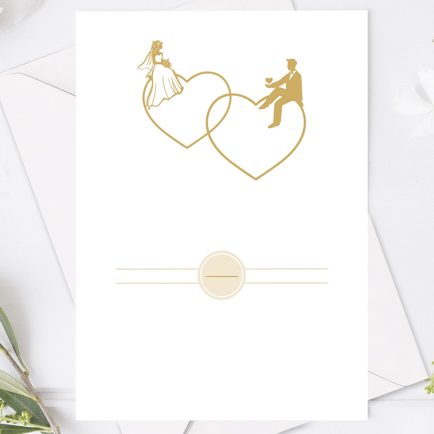 Romantisk bröllopsinbjudan – Guld Monogram Brud & Brudgum Siluett – BR016