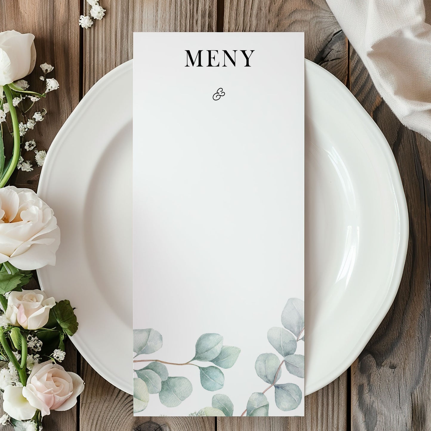 Menykort till bröllop – Eucalyptus Elegant – Tryckt kort för bröllopsmeny BR005