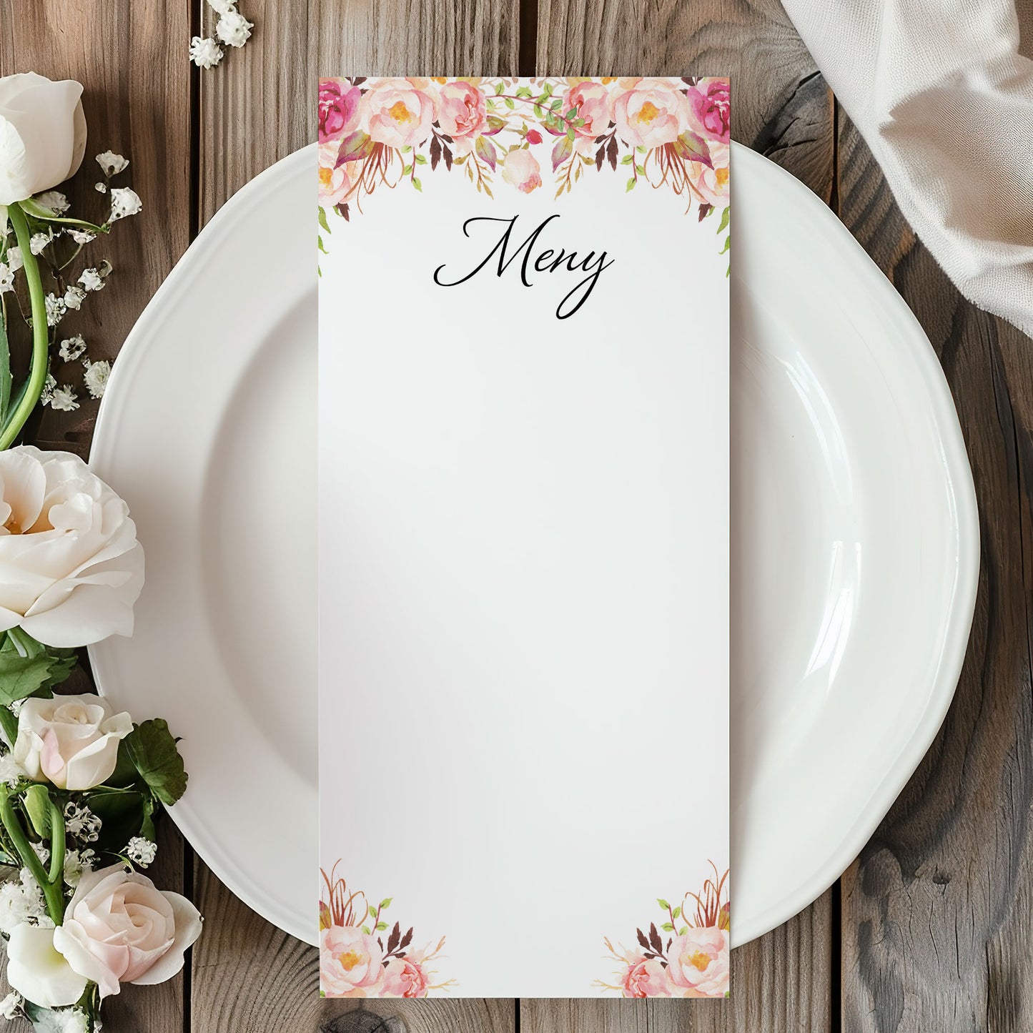 Menykort till bröllop – Peach & Blush Blommig Romantisk Somrig – Tryckt kort för bröllopsmeny BR006