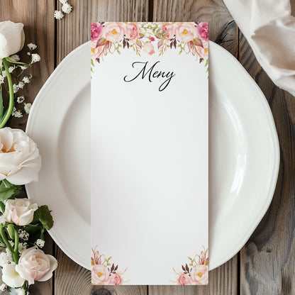 Menykort till bröllop – Peach & Blush Blommig Romantisk Somrig – Tryckt kort för bröllopsmeny BR006