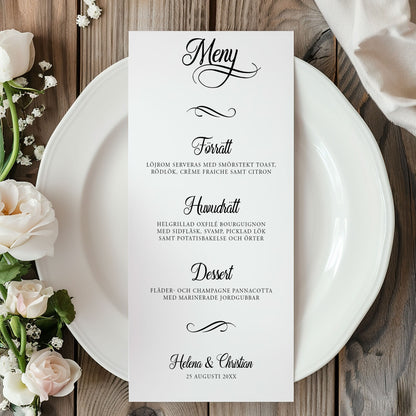 Menykort till bröllop – Modern script stil svartvitt – Tryckt kort för bröllopsmeny BR004