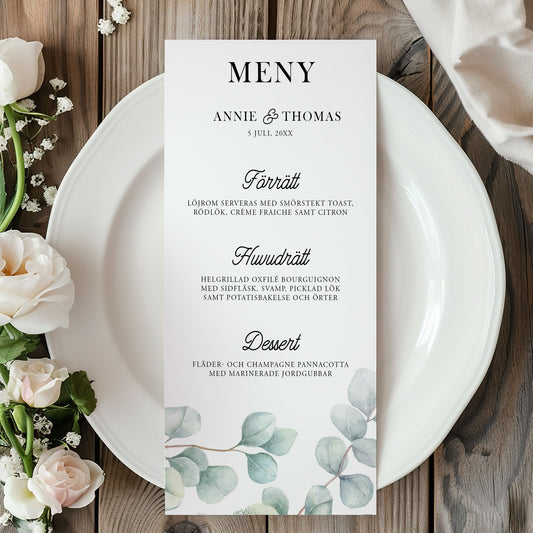 Menykort till bröllop – Eucalyptus Elegant – Tryckt kort för bröllopsmeny BR005