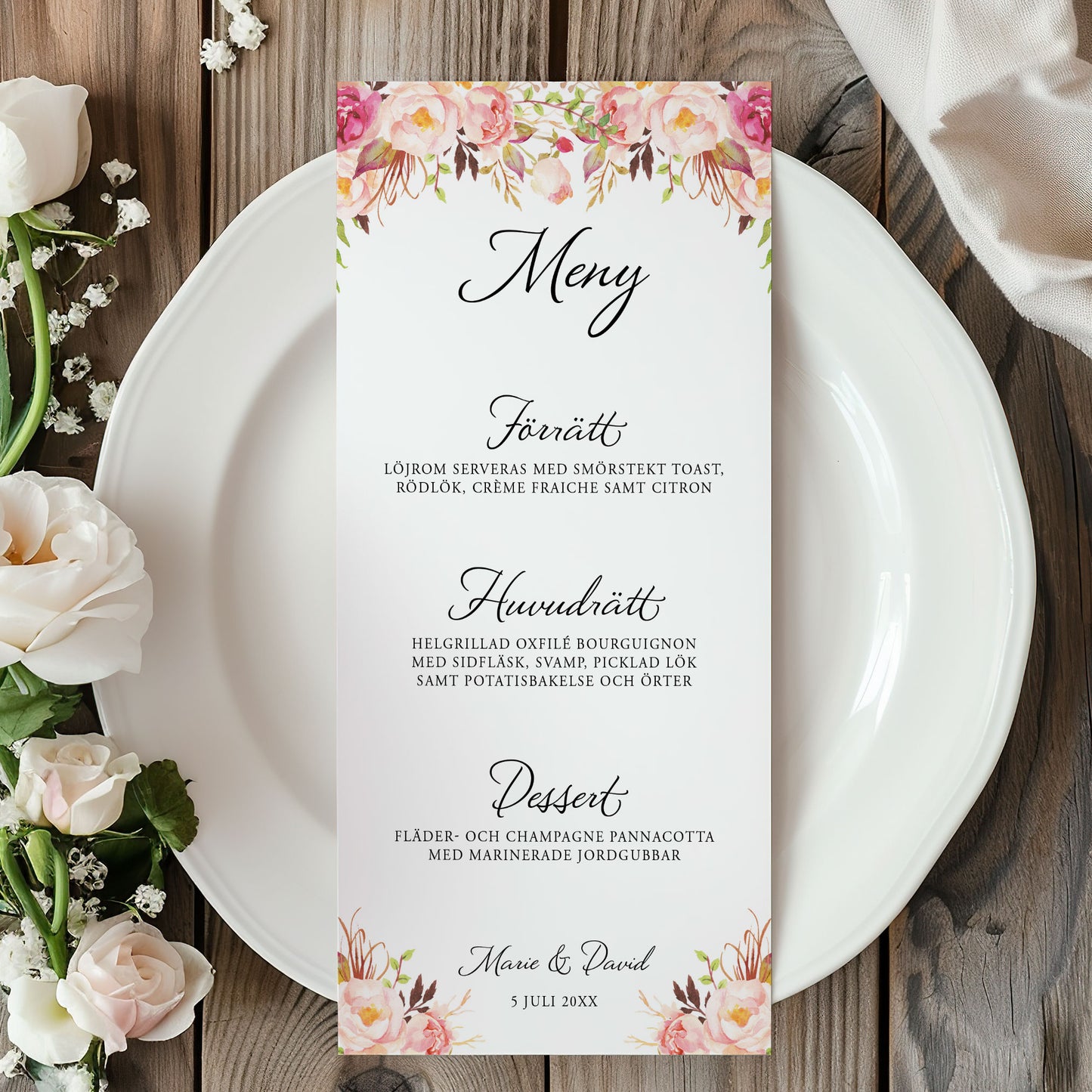 Menykort till bröllop – Peach & Blush Blommig Romantisk Somrig – Tryckt kort för bröllopsmeny BR006