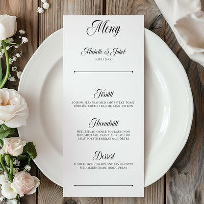 Menykort till bröllop – Klassisk svartvit Formellt – Tryckt kort för bröllopsmeny BR003