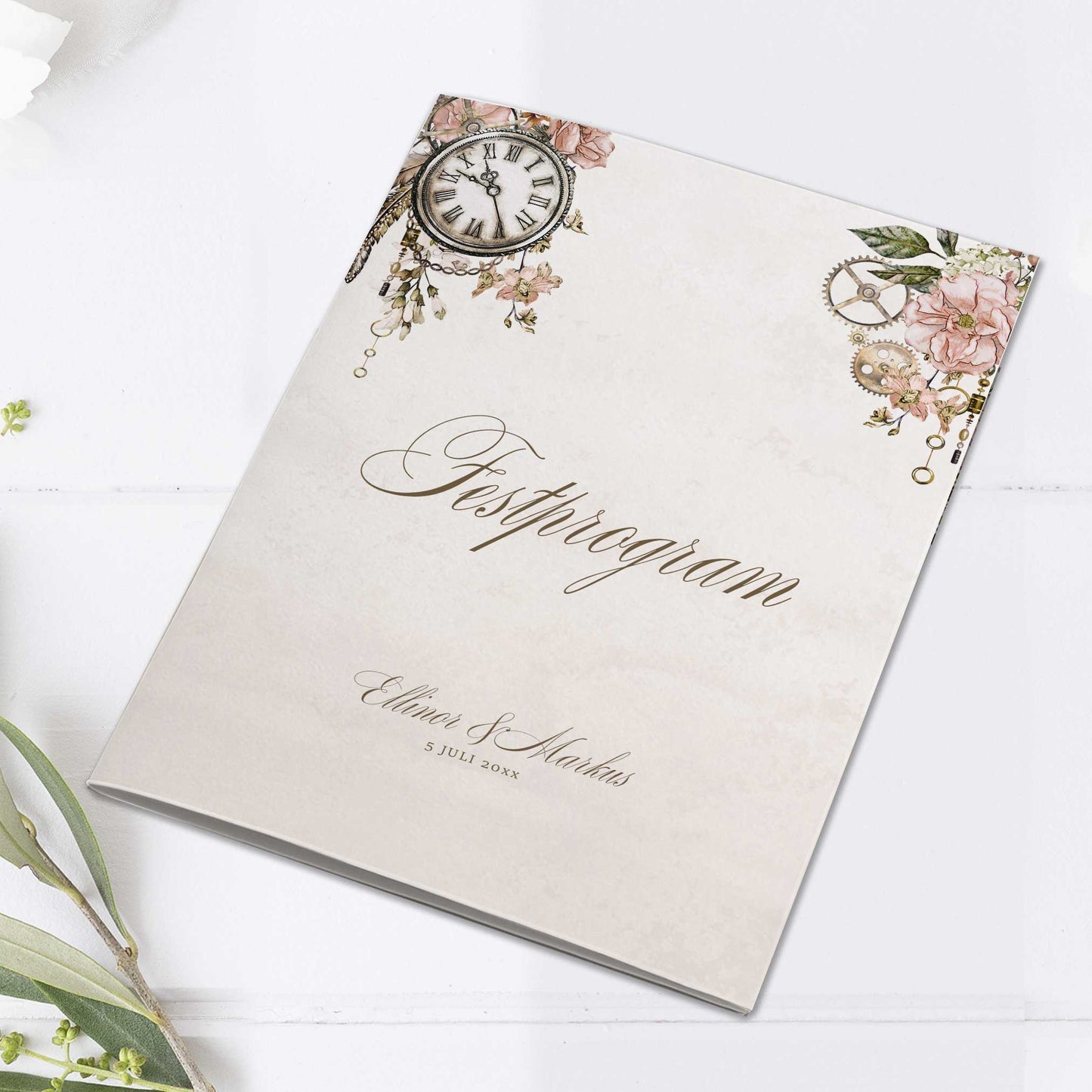 Festprogram litet, till bröllop – Vintage Rosa Steampunk – Tryckt programkort 14,5x20 cm BR012