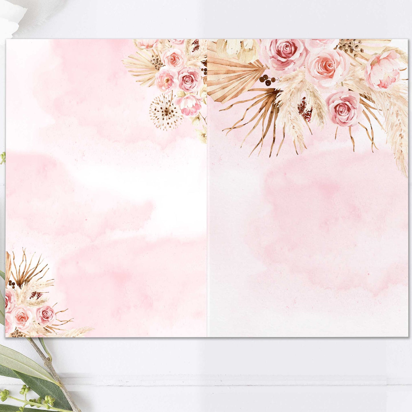 Festprogram litet, till bröllop – Boho Rosa pampas – Tryckt programkort 14,5x20 cm BR011