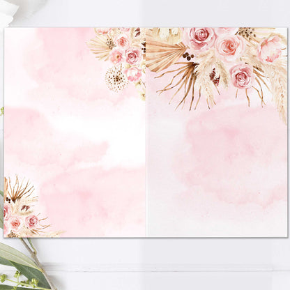 Festprogram litet, till bröllop – Boho Rosa pampas – Tryckt programkort 14,5x20 cm BR011