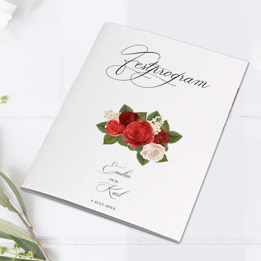 Festprogram litet, till bröllop – Romantiskt Röda Rosor – Tryckt programkort 12,7x17,7 cm BR010