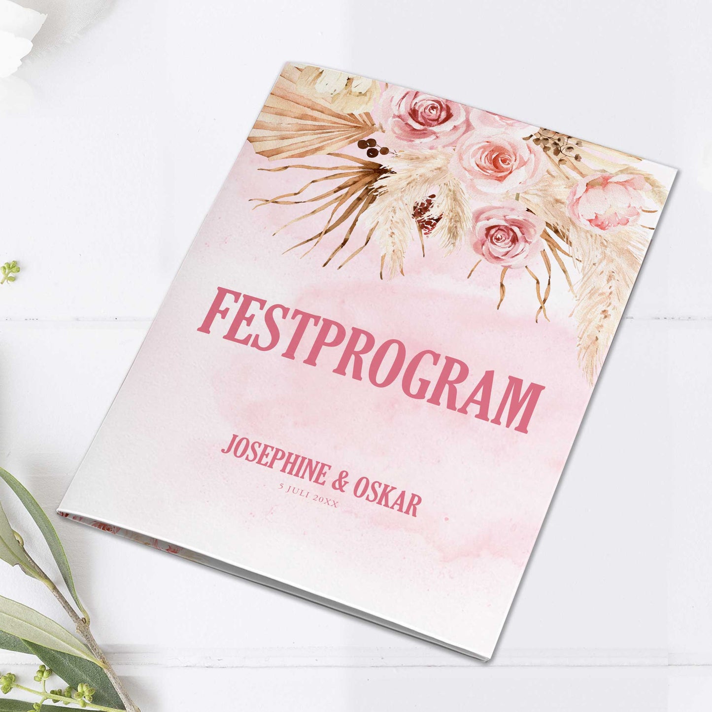 Festprogram litet, till bröllop – Boho Rosa pampas – Tryckt programkort 14,5x20 cm BR011