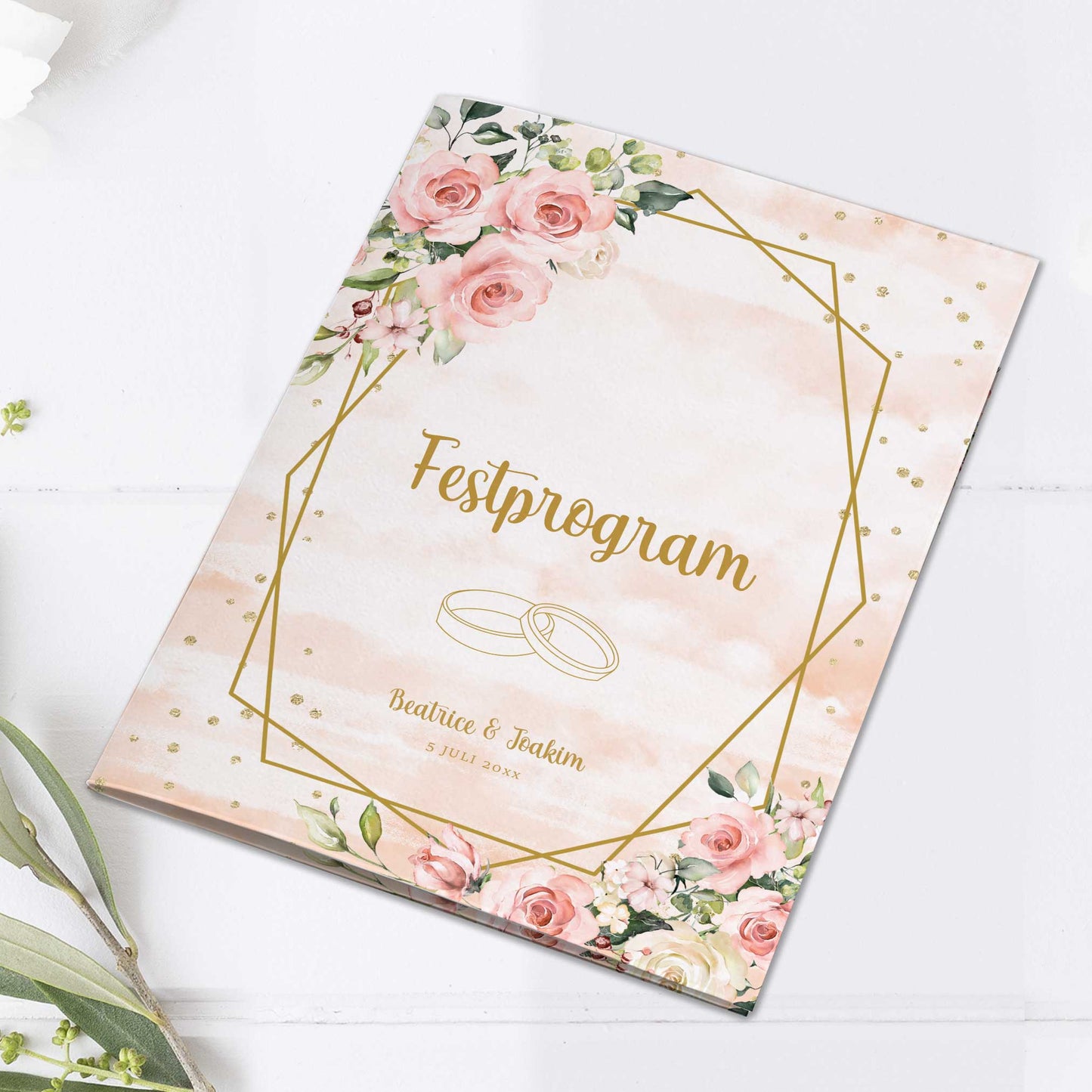 Festprogram litet, till bröllop – Rosa & Vita Blommor m gulddetaljer – Tryckt programkort 14,5x20 cm BR013