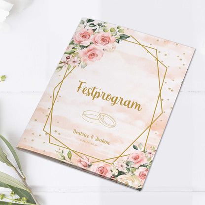 Festprogram litet, till bröllop – Rosa & Vita Blommor m gulddetaljer – Tryckt programkort 14,5x20 cm BR013