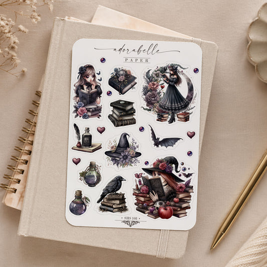 Stickersark Witchy Gothic Klistermärken för Bokälskare - Book of Shadows, Spells & Dark Academia Stickers