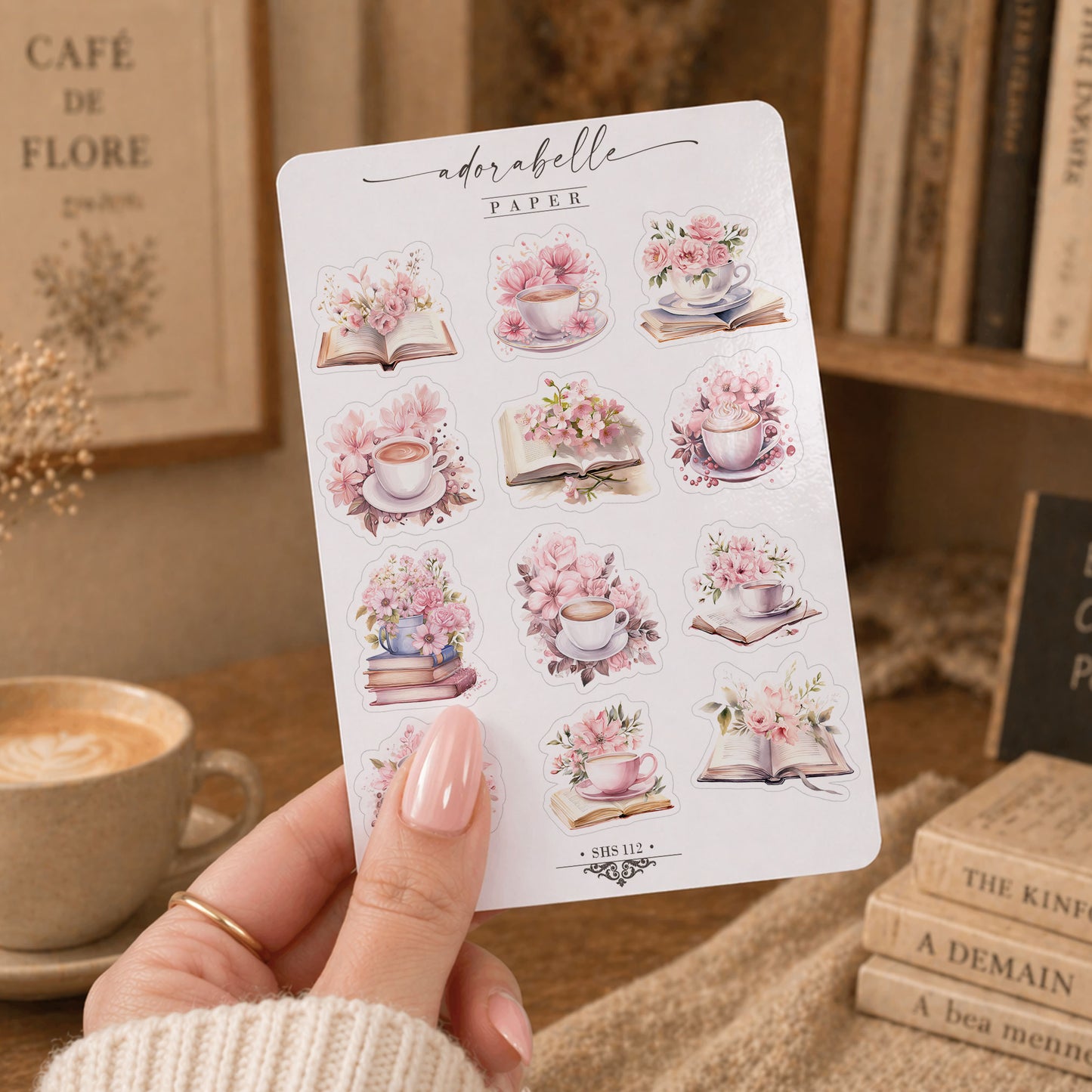 Stickersark Rosa Book Lover -  Söta Book Club, Coffee Lover stickers med vårig känsla
