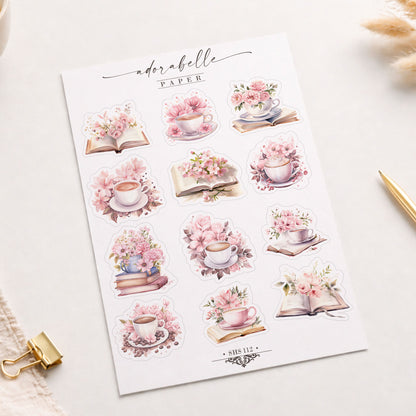 Stickersark Rosa Book Lover -  Söta Book Club, Coffee Lover stickers med vårig känsla