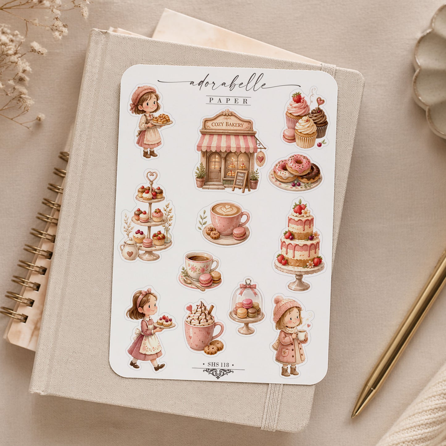 Stickersark Rosa Cozy Café -  Söta Book Club, Coffee Lover stickers med vårig känsla - SHS118