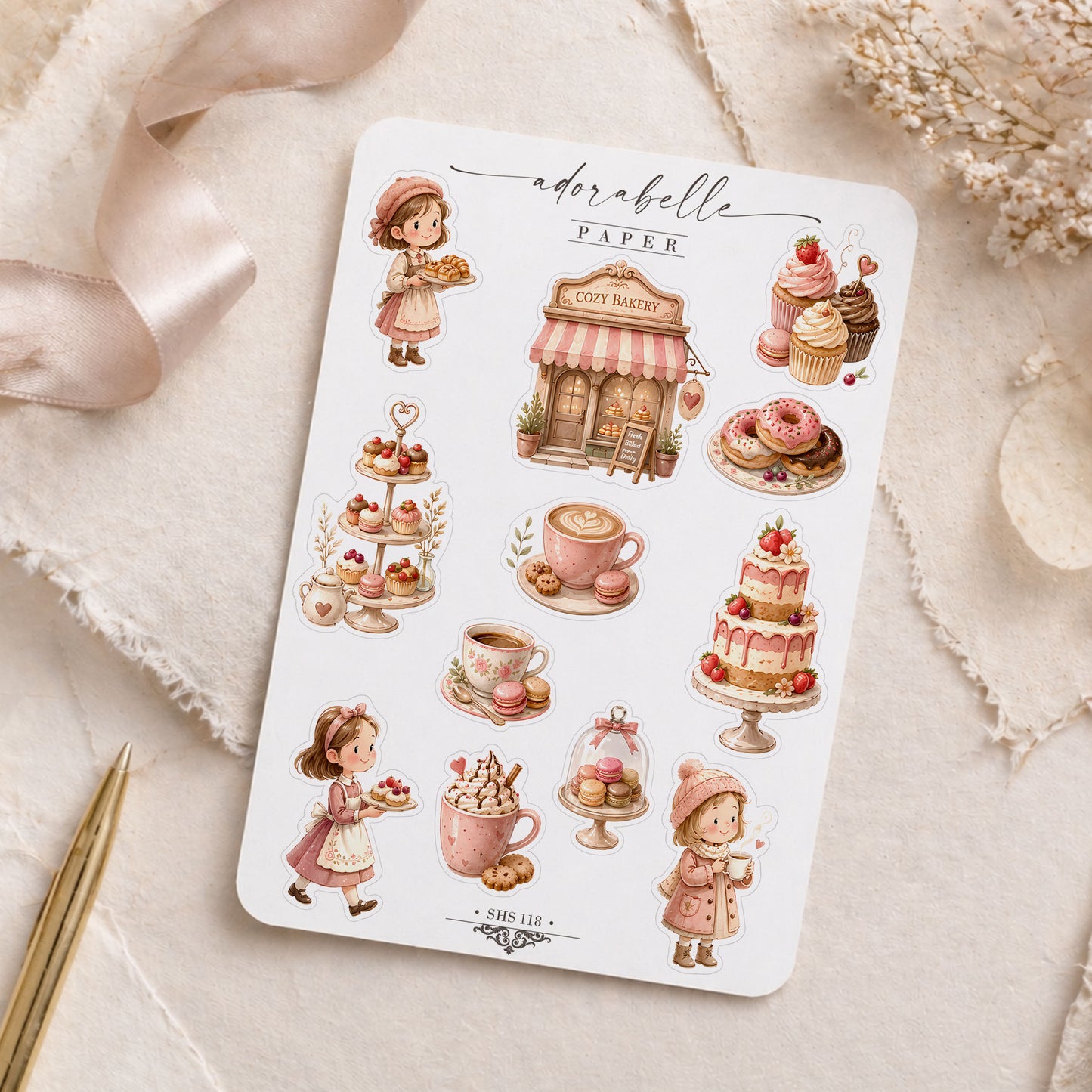 Stickersark Rosa Cozy Café -  Söta Book Club, Coffee Lover stickers med vårig känsla - SHS118