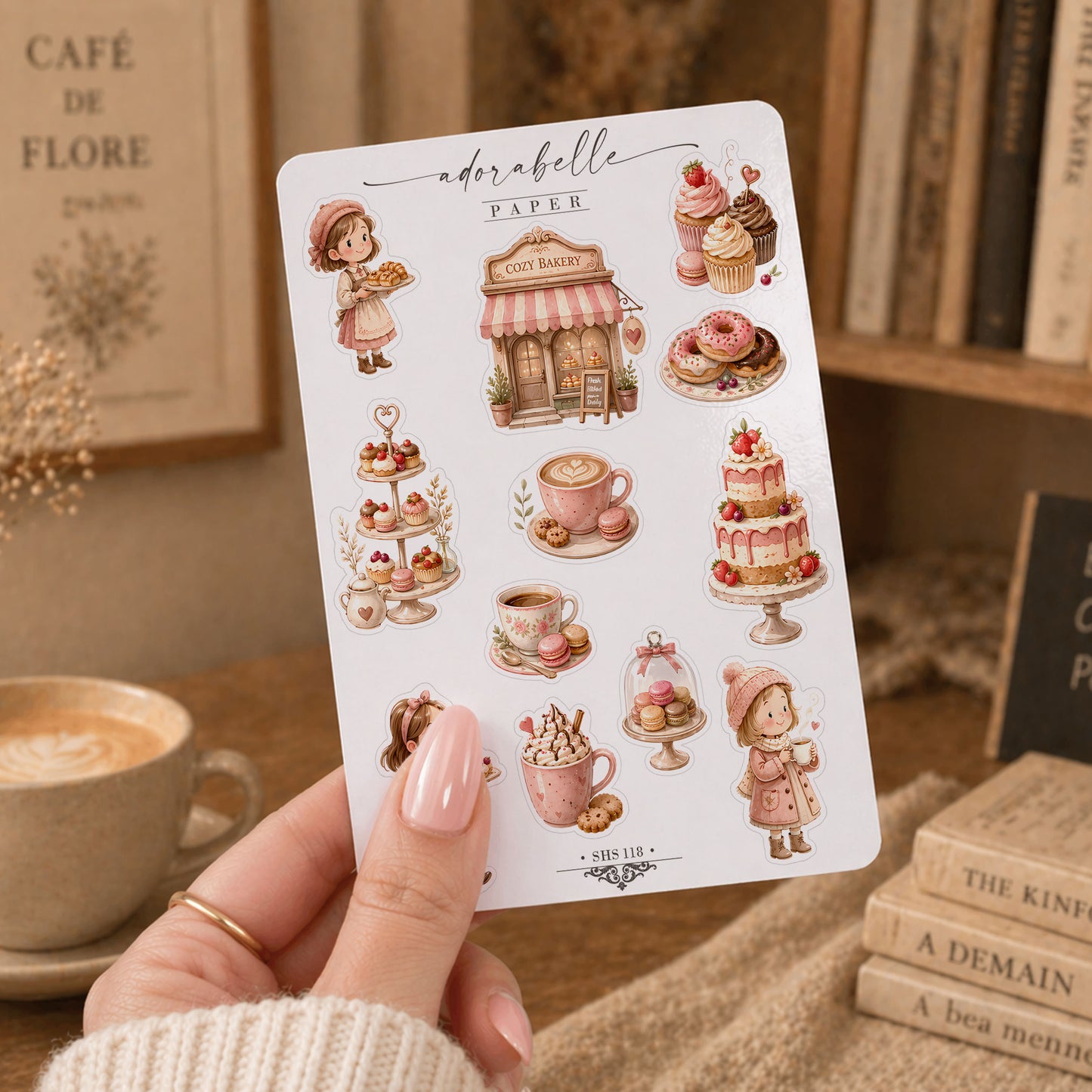 Stickersark Rosa Cozy Café -  Söta Book Club, Coffee Lover stickers med vårig känsla - SHS118