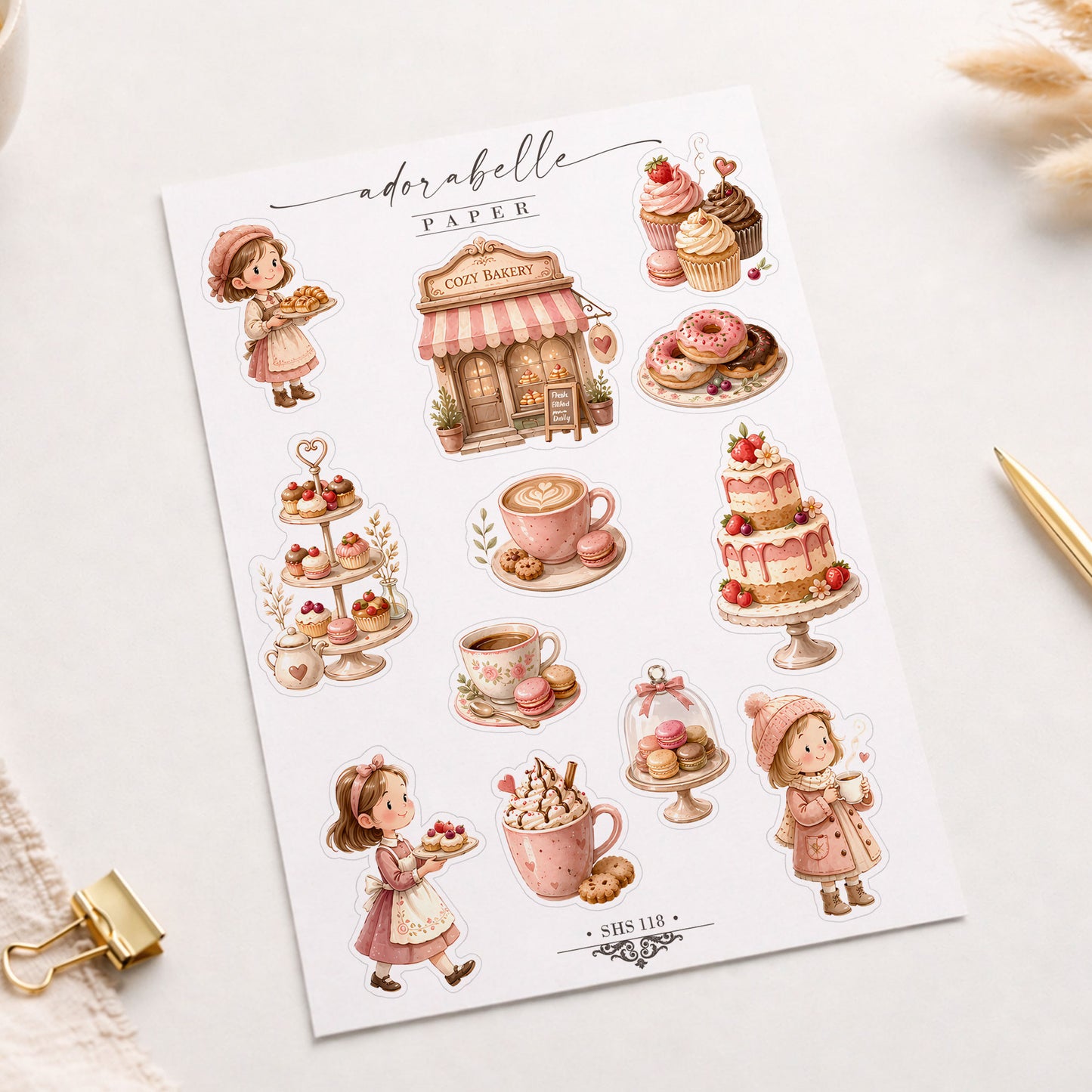 Stickersark Rosa Cozy Café -  Söta Book Club, Coffee Lover stickers med vårig känsla - SHS118