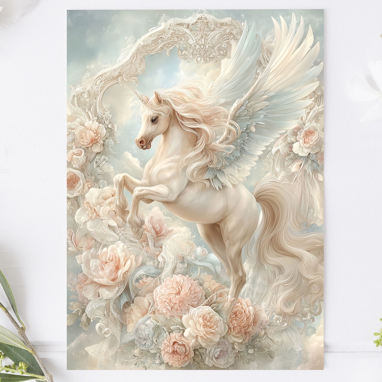 Vykort med enhörning med vingar, romantiska blommor och vintage ram – perfekt för postcrossing, scrapbooking eller som samlarkort