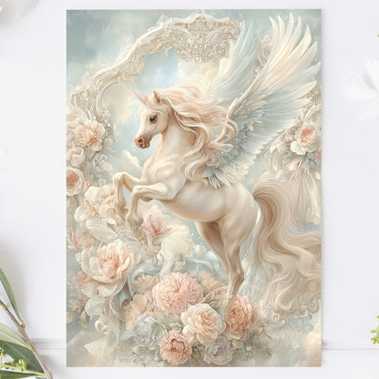 Vykort med enhörning med vingar, romantiska blommor och vintage ram – perfekt för postcrossing, scrapbooking eller som samlarkort