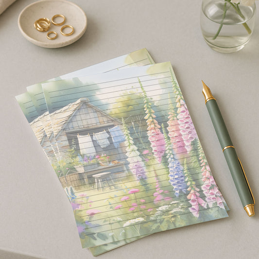 10-pack Brevpapper - Sommarstuga med rosa fingerborgsblommor - Tryckt A5 Papper - WP501