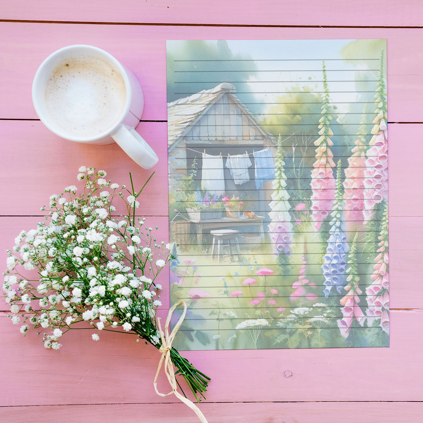 10-pack Brevpapper - Sommarstuga med rosa fingerborgsblommor - Tryckt A5 Papper - WP501