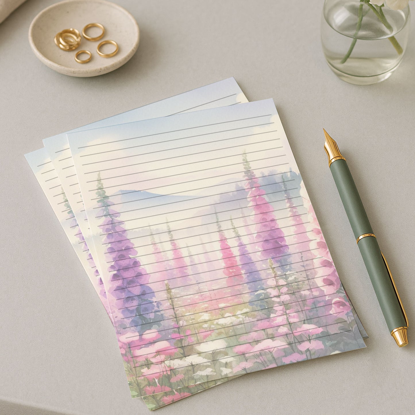 10-pack Brevpapper - Rosa & Lila Fingerborgsblommor - Tryckt A5 Papper - WP502