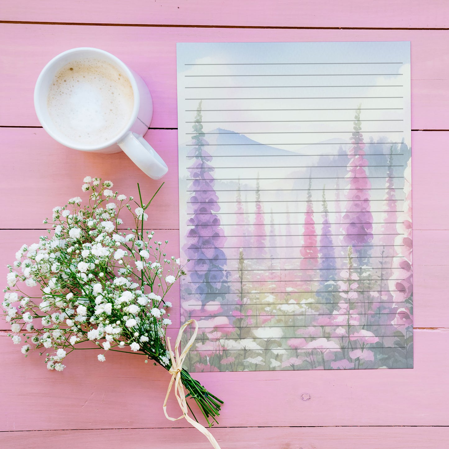 10-pack Brevpapper - Rosa & Lila Fingerborgsblommor - Tryckt A5 Papper - WP502