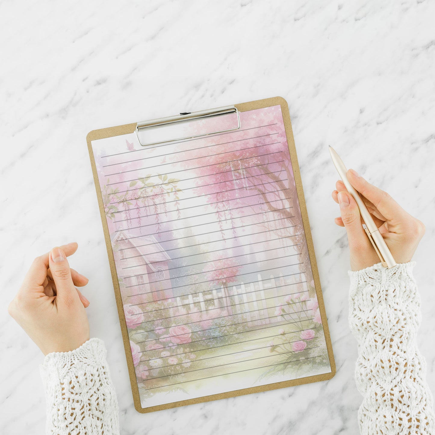 10-pack Brevpapper - Rosa Vår Trädgård - Blommor - Tryckt A5 Papper -WP505