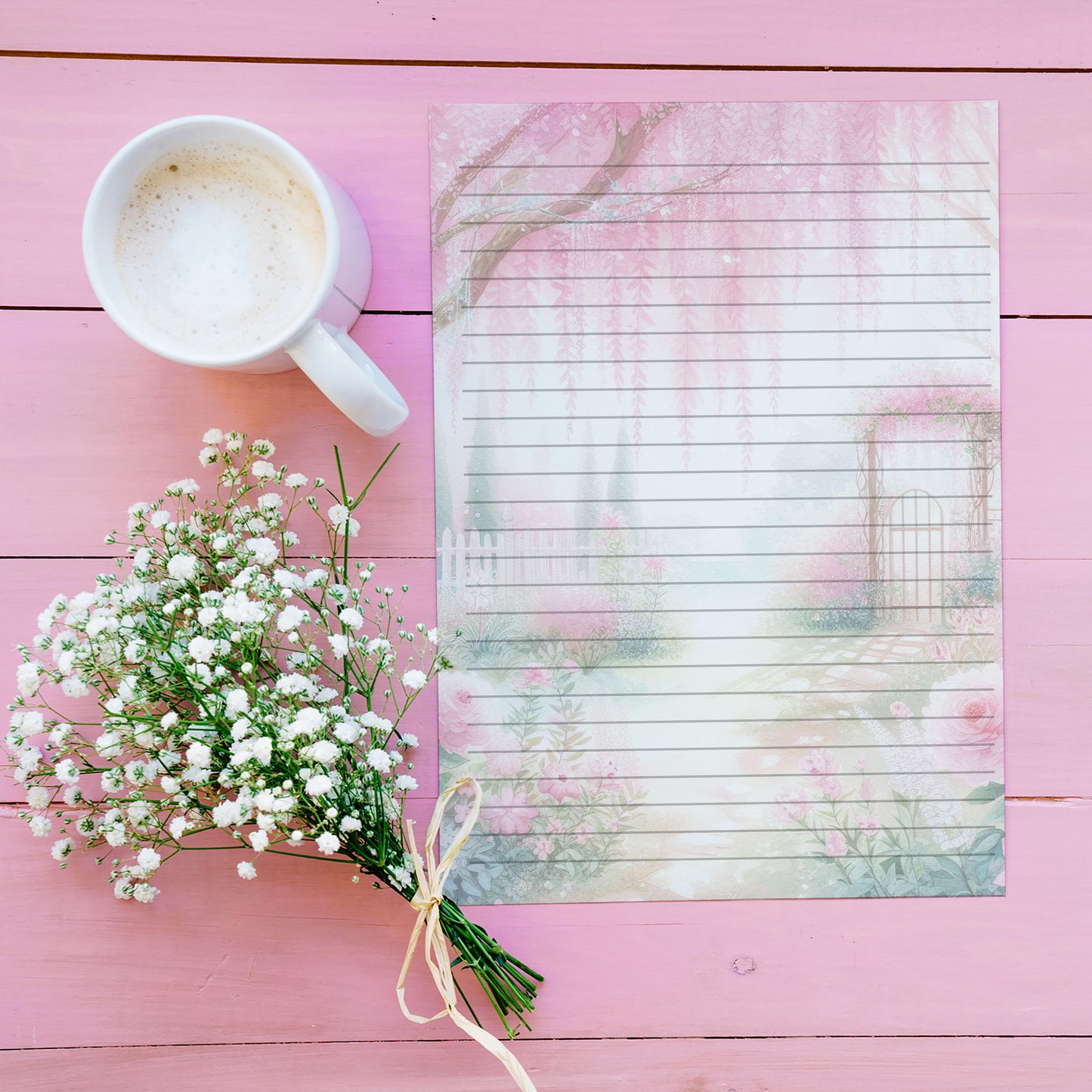 10-pack Brevpapper - Rosa Vår trädgård - Blommor - Tryckt A5 Papper - WP506