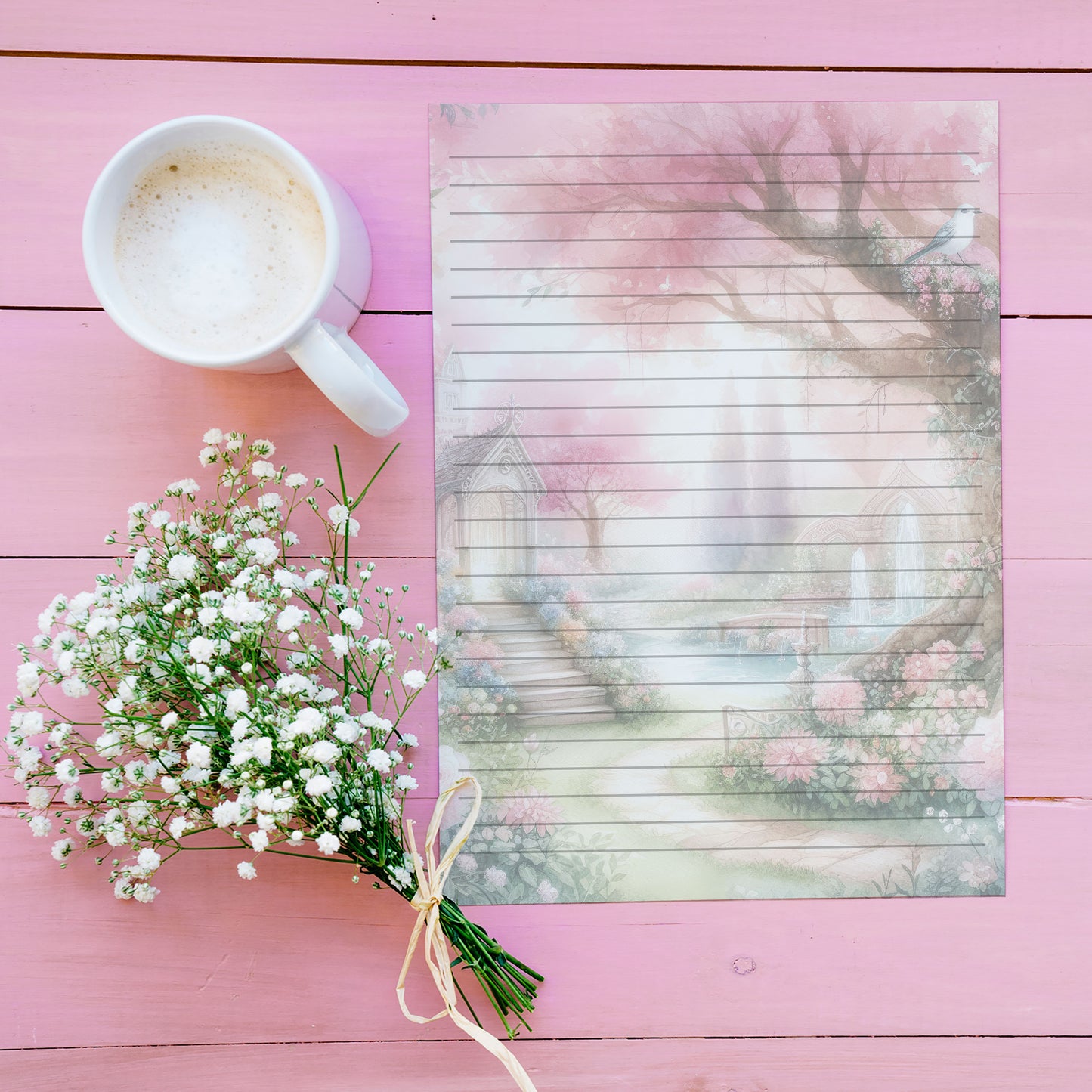 10-pack Brevpapper - Rosa Vår Trädgård - Tryckt A5 Papper - WP507