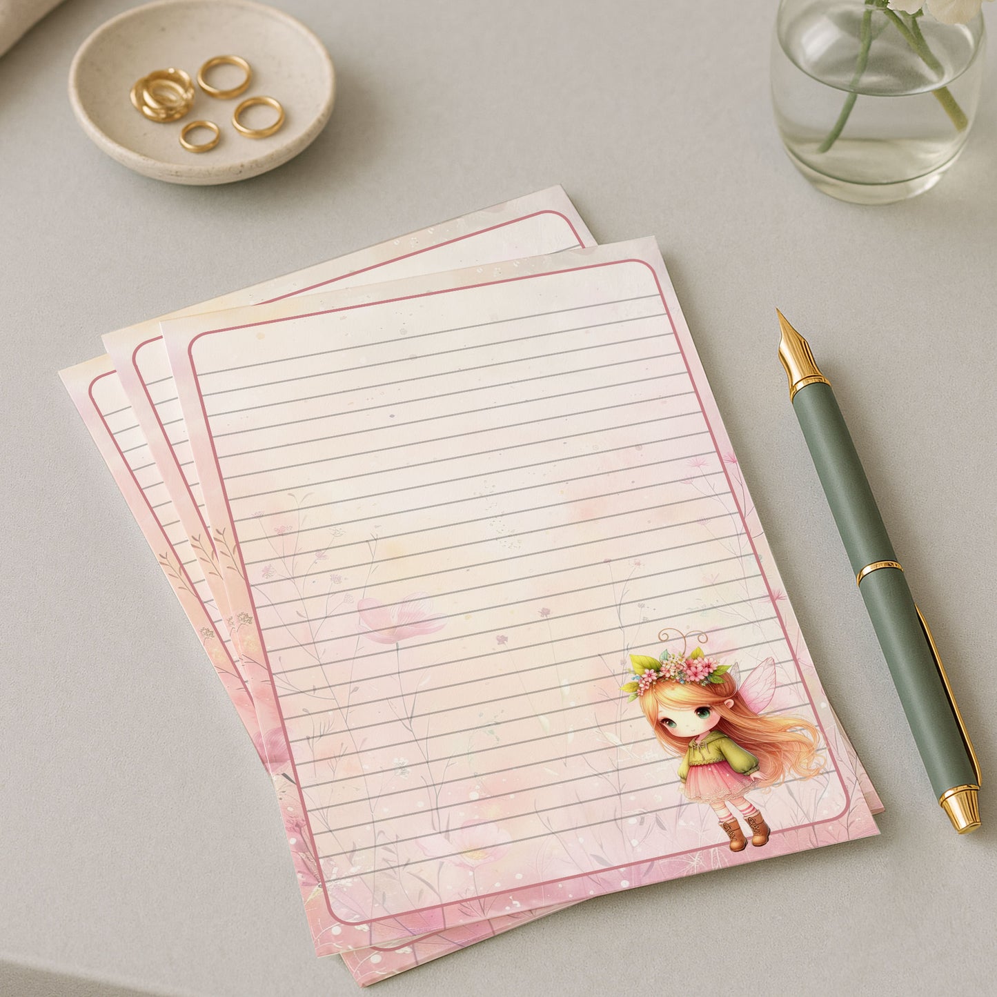 10-pack Brevpapper - Söt Rosa & Grön Fé - Tryckt A5 Papper -WP508