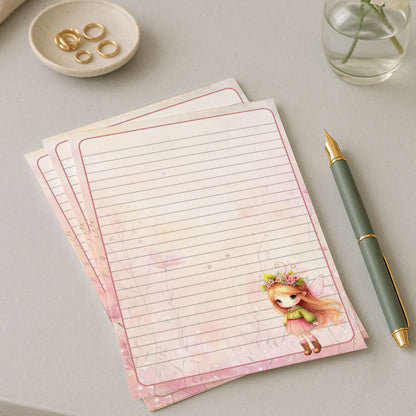 10-pack Brevpapper - Söt Rosa & Grön Fé - Tryckt A5 Papper -WP508