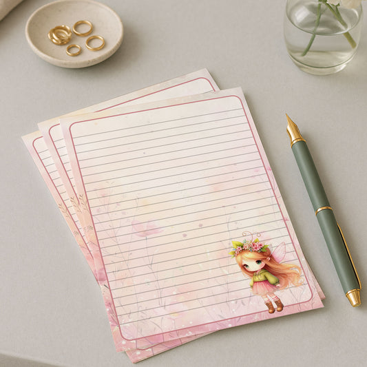 10-pack Brevpapper - Söt Rosa & Grön Fé - Tryckt A5 Papper -WP508