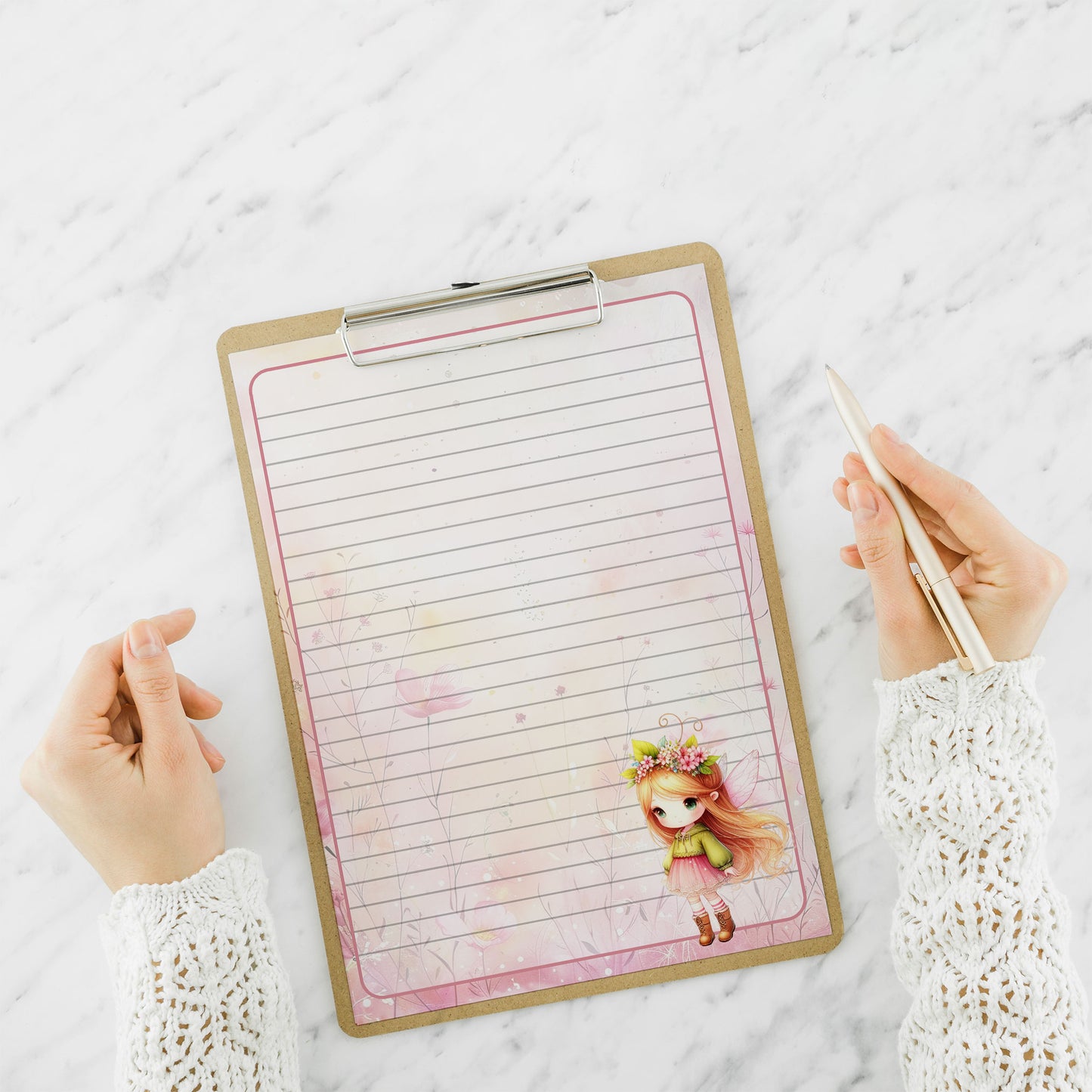 10-pack Brevpapper - Söt Rosa & Grön Fé - Tryckt A5 Papper -WP508