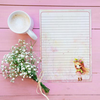 10-pack Brevpapper - Söt Rosa & Grön Fé - Tryckt A5 Papper -WP508