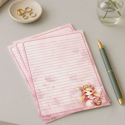 10-pack Brevpapper - Fé med Rosa Vårblommor - Tryckt A5 Papper - WP509